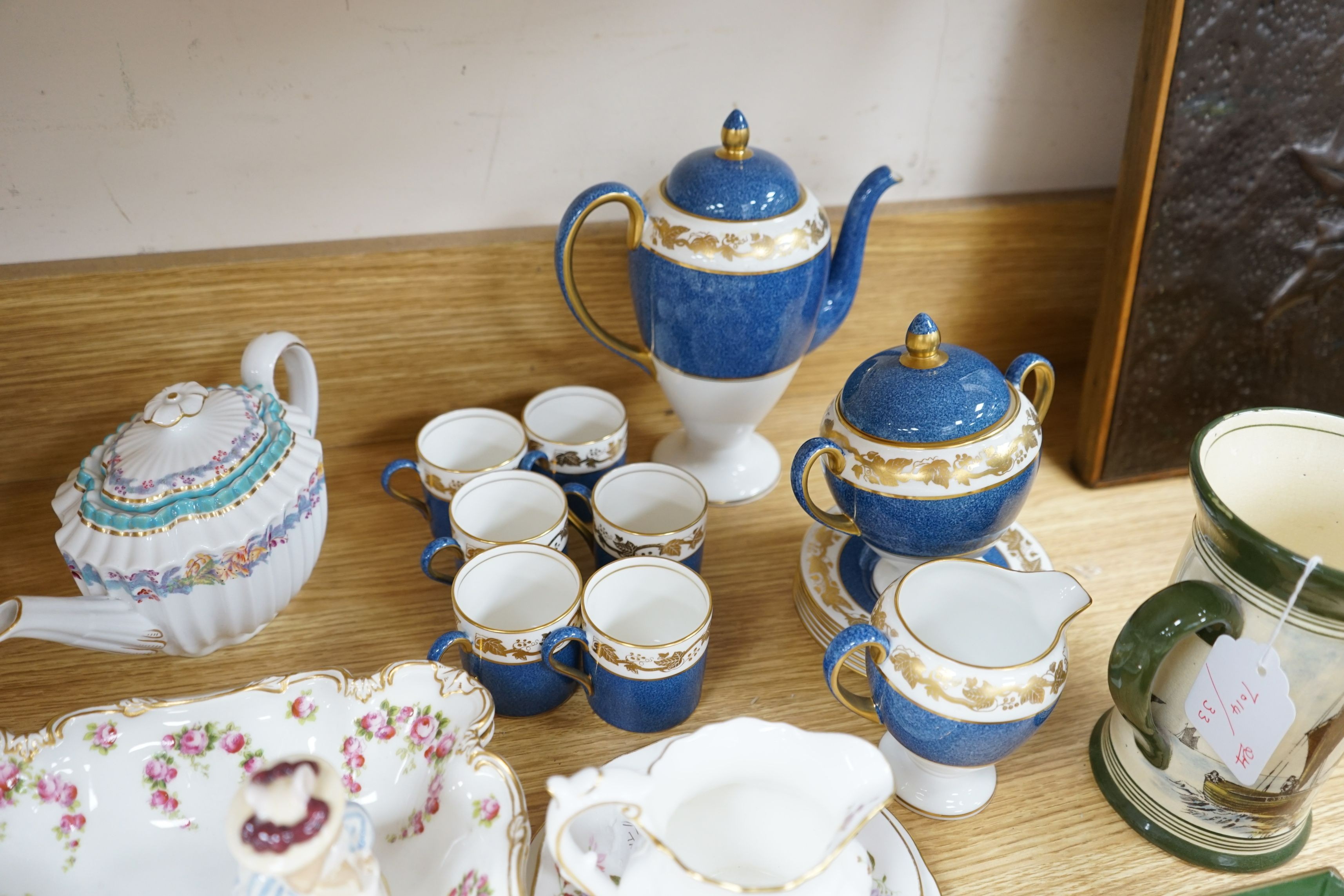 A George Jones dessert set, Royal Crown Derby teaware, mixed miniature ceramics and a coffee set